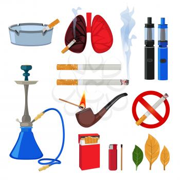 Tobacco, cigarette and different accessories for smokers. Smoke habit, lighter and accessories, viper and cigarette. Vector illustration