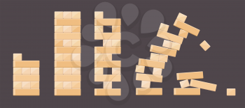 Wood bricks details from tower games for kids. Vector wood brick, build cube block, toy tower construction illustration