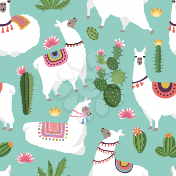 Textile fabric seamless patterns with illustrations of llama and cactus. Vector alpaca seamless pattern, green cactus backdrop