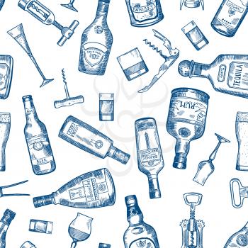Hand drawn seamless pattern with various alcohol bottles. Vector cognac and whisky, absinthe and vodka, tequila and rum illustration