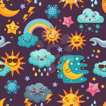 Various funny weather icons set. Cartoon seamless pattern with sun and rain clouds, vector illustration