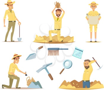 Vector archaeologist characters at work. Cartoon mascots in action poses. Illustration of young adventure and explorer, archaeology traveler