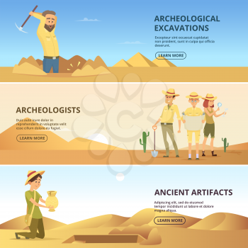 Archaeologists conduct excavations of historical values. Horizontal banners. Archaeologist and ancient artefacts. Vector illustration