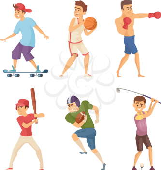 Different sports activities. Sportsmen in action poses. Vector characters. Man train boxing and golf, baseball and rugby illustration