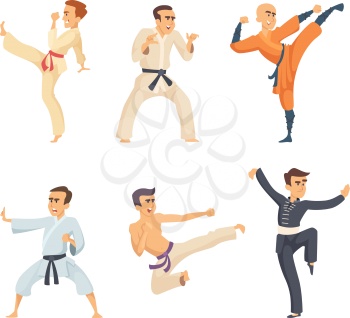Sport fighters in action poses. Cartoon characters isolate on white background. Vector art martial, fighter karate and warrior combat illustration