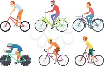 Set of bicycle sportsmen. Cartoon characters driving various bikes. Sport bicycle, activity bike lifestyle, vector illustration