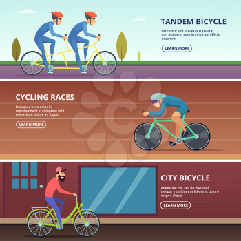 Banners set with horizontal illustrations of various cyclists. Sport bicycle, sportsman riding competition, hobby bicyclist vector