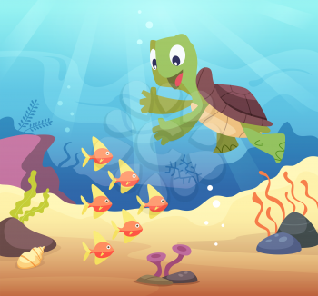 Sea underwater background with cartoon turtle. Under water ocean, tropical terrapin wildlife. Vector illustration