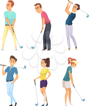 Different golf players isolate on white background. Vector golfer man and woman illustration