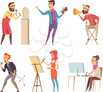 Different characters of creative professions. Vector pictures in cartoon style. Drawing artist, painter and singer, sculptor illustration