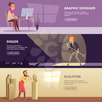 Horizontal banners set with illustrations of creative professions. Vector singer, sculptor and graphic designer