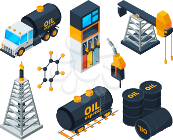Industry 3d isometric illustrations of oil and gas refining. Vector oil and gas industry, power industrial processing