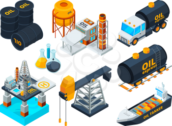 Oil and gas petroleum refining. Isometric pictures set of transportation fuel, gasoline extraction pump, vector illustration