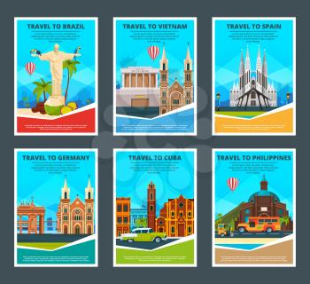 Design template of various travel cards with illustrations of famous landmarks. Vector philippine and cuba, germany and spain, vietnam and brazil