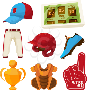 Vector various symbols of baseball. Illustration of baseball cap and trophy, scoreboard for tournament or championship