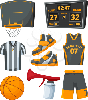 Different sport symbols of basketballs. Vector pictures set. Basket and scoreboard, uniform and equipment illustration