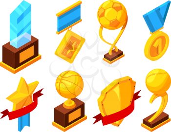 Isometric set of sport trophy. Sport cup champion, trophy isometric prize, vector illustration
