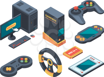 Console and computer systems and gadgets for gamers. Computer and gadget controller, console play, control game device. Vector illustration