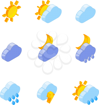 Isometric illustrations of weather icons. Weather isometric 3d, cloud and rain vector