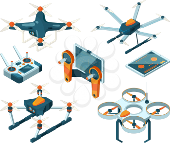 Different isometric illustrations of drones and quadcopters. Vector air drone with remote control for surveillance