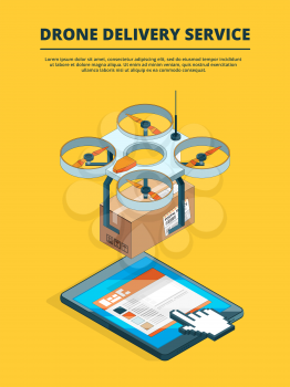 Concept picture of drone logistic service. Transportation delivery cargo box use quadrocopter. Vector illustration