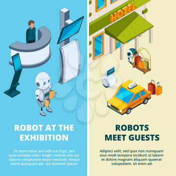 Concept illustrations with various robots assistant. Robot help to exhibition and hotel, equipment device innovation vector