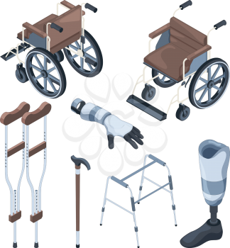 Isometric illustrations of wheelchair and other various objects for disabled peoples. Vector prosthesis equipment, crutch medical, prosthetic artificial foot and hand