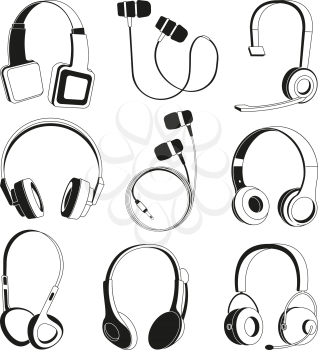 Monochrome illustrations set. Silhouette of headphones. Vector earphone black white for communication with microphone