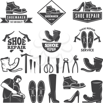 Monochrome illustrations of various tools for shoe repair. Labels or logos for clothing factory. Vector shoe repair, shoemaker profession, repairman and craftsmanship