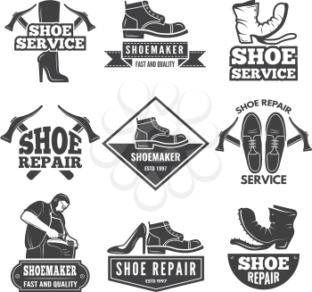 Vintage monochrome labels and logos for shoe repair workshop. Repair shoe emblem, badge shoemaker company. Vector illustration