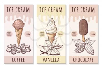 Design template of ice cream labels with hand drawn illustrations. Dessert poster summer for menu graphic drawing