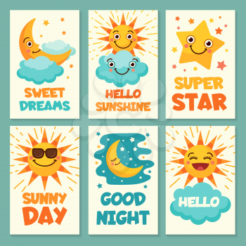 Weather cards with funny cartoon illustrations. Vector sun and cloud, funny moon with text