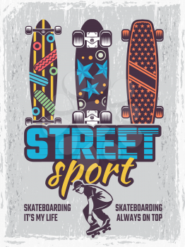 Retro poster with illustrations of colored skateboards. Vector skateboarding street sport banner, urban activity
