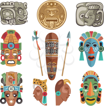 Mayan antique symbols and pictures. Ancient mayan or aztec symbol, tribal antique mask and traditional elements. Vector illustration