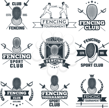Monochrome badges set of fencing sport. Vector fencing club badge, weapon classical competition illustration
