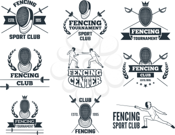 Labels set for fencing sport. Monochrome pictures of rapiers, sword mask and other equipment. Sword and fencer in helmet, swordsmanship and swordplay. Vector illustration