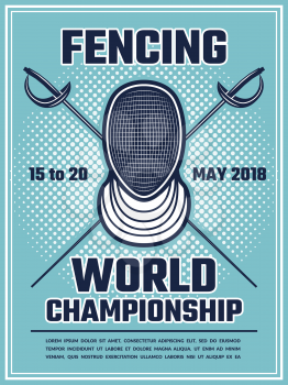 Retro poster for fencing sport. Design template with place for your text. Vector championship game, event with banner swordplay illustration
