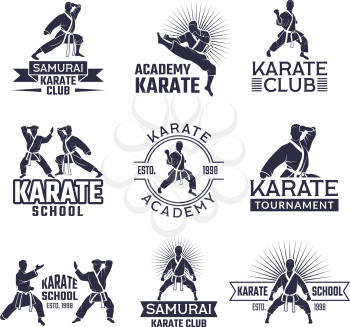 Design of martial sport labels set. Monochrome badges set isolate on white. Karate school or academy logotype, banner black white. Vector illustration