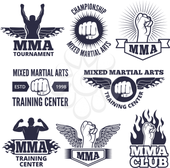 Monochrome sport labels for mma fighters. Vector boxing fight emblem, championship logo illustration