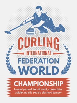 Sport poster design template with illustration of curling game. Vector curling international federation world,