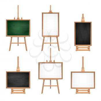Different colored blank boards standing on easels. Vector pictures isolate on white. Wood board and canvas, empty stand whiteboard illustration