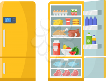 Vector illustrations of empty and closed refrigerator with different healthy food. Refrigerator kitchen, freeze meat on shelf