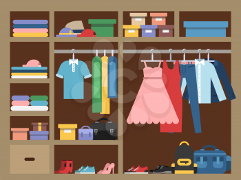 Large wardrobe with different clothes. Vector illustration in flat style. Closet with clothing fashion, clothes and accessories