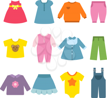 Clothes for childrens. Vector flat illustrations. Apparel kids, blouse and garment, fashion dress clothes