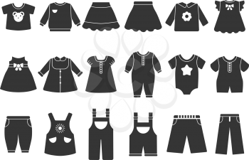 Vector monochrome illustrations of children clothes. Illustration of child garment fashion, clothing for baby