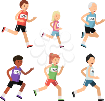 Jogging marathon. Sport people of different ages. Set of people runner motion isolated, woman and man athlete, vector illustration