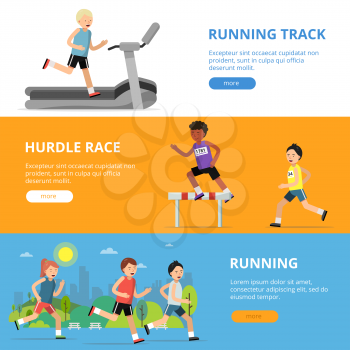 Horizontal banners with different style running peoples. Man run, athlete on track competition, vector illustration
