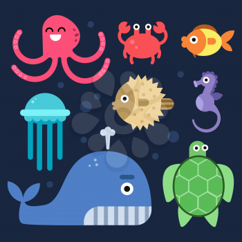 Sea life. Fishes and others underwater mammals. Vector sea life underwater, fish and octopus, jellyfish and seahorse illustration
