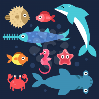 Fishes and others underwater animals. Stylized flat illustrations. Underwater sea fish, ocean nature, dolphin and seahorse vector