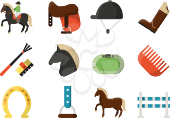 Vector flat icons. Symbols of equestrian sport. Equestrian sport, animal horse race, barrier and jockey illustration